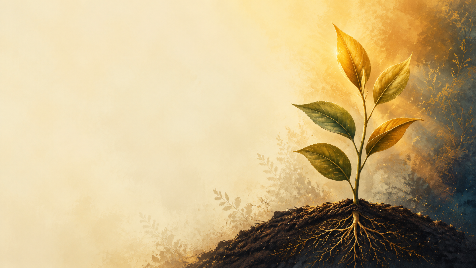 A young plant with golden roots growing toward the light, symbolizing prosperity and growth