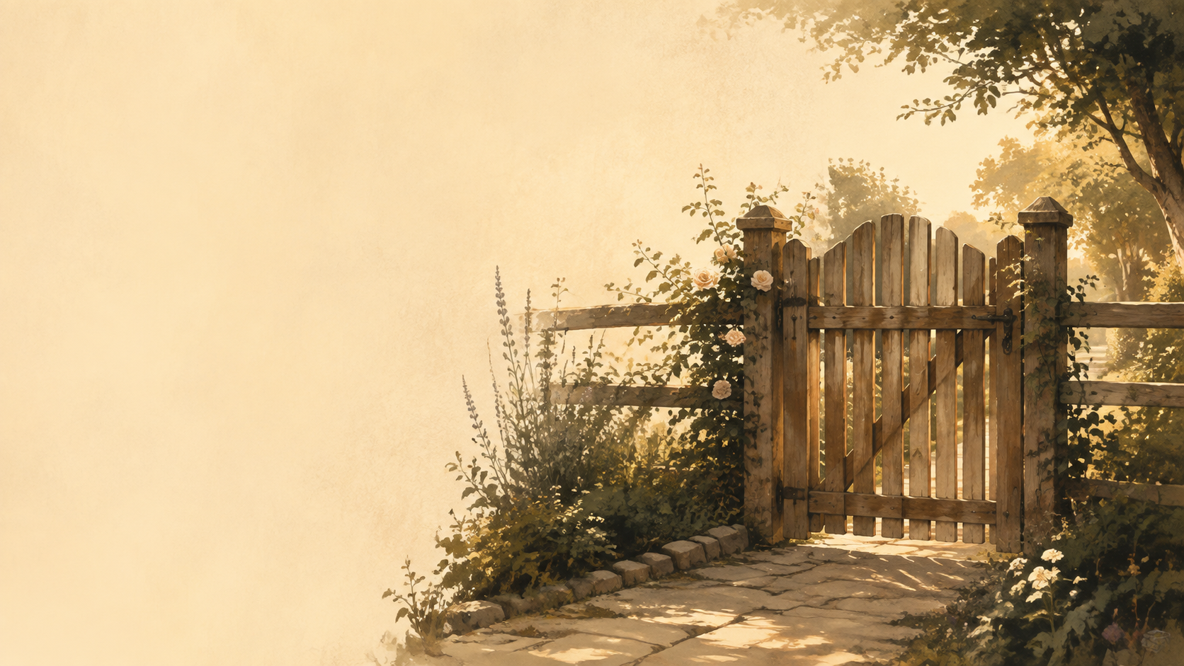 A wooden garden gate with roses in warm afternoon light, symbolizing healthy boundaries