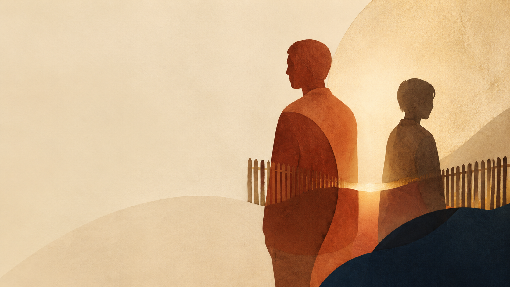 A parent and teenager standing near a fence at sunset, symbolizing boundaries within connection